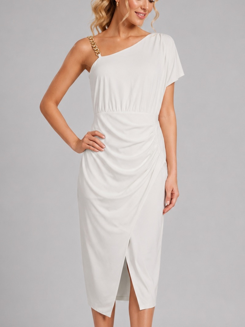 🆕⭐️Guess White OneShoulder Chain Detail Asymmetric Dress Greek-Inspired Style 14